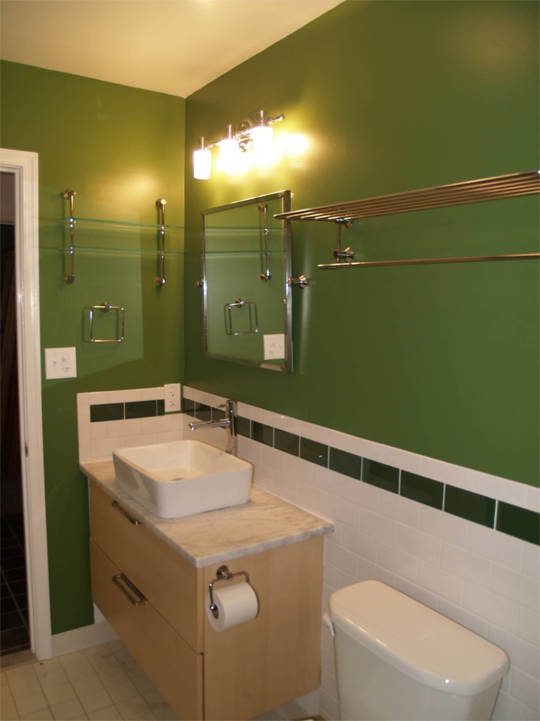 Finished Downstairs Bathroom Geeky Girl Engineer   46 Finished Downstairs Bathroom With New Cabinet. Shower Tile Extends Behind Toilet To Create Sink Backsplash. 768x1024 